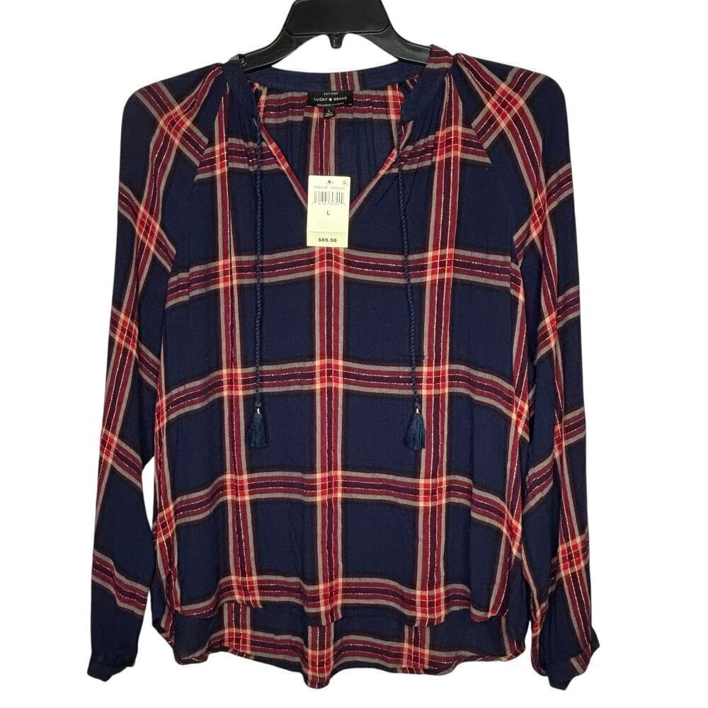 Lucky Brand Plaid Long Sleeve Peasant Blouse Top Size Large New